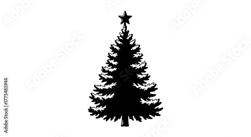 A black silhouette of a traditional Christmas evergreen tree topped with a five-pointed star, isolated on a white background.