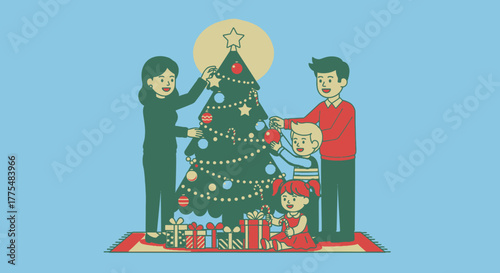 Happy family with two children decorating a Christmas tree together for the winter holidays.
