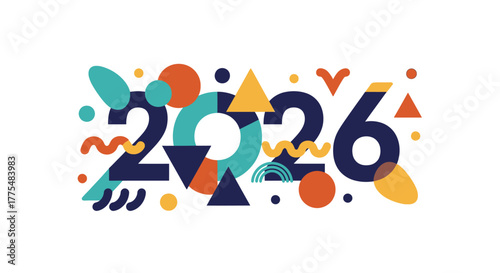 Vibrant and abstract 2026 new year design featuring colorful geometric shapes and patterns.