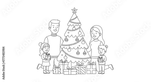 A happy family of four, including parents and two children, gathered around a decorated Christmas tree with presents underneath.