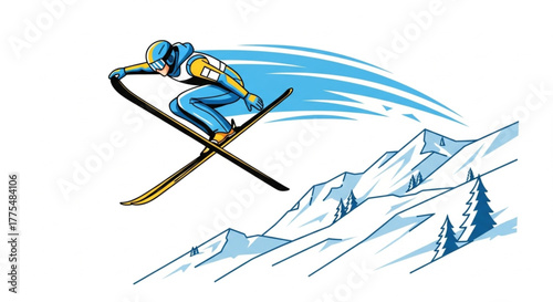 Freestyle Ski Jump in Mountains – Winter Extreme Sports Concept illustration