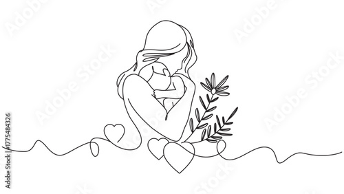 Elegant One-Line Drawing: Mother and Child in Loving Embrace with Floral Accents