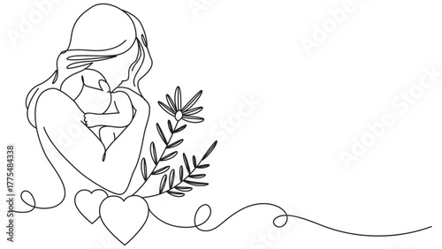 Elegant single line drawing of mother and child symbolizing maternal love