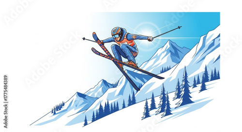Extreme Skier Jumping on Snowy Mountain – Winter Sport Illustration