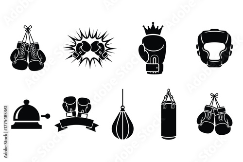Boxing Silhouette Icon Set with Gloves, Punch Bag, Headgear and Training Equipment