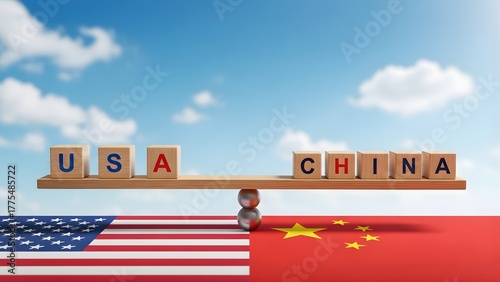 USA and China trade balance wooden blocks on seesaw concept for economic relations and political equilibrium