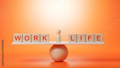 Work life balance concept wooden blocks spelling work and life on a seesaw representing equilibrium and harmony
