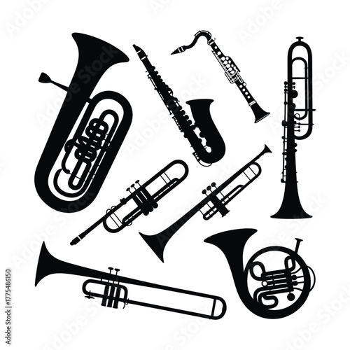 Collection of black silhouettes of brass and woodwind musical instruments