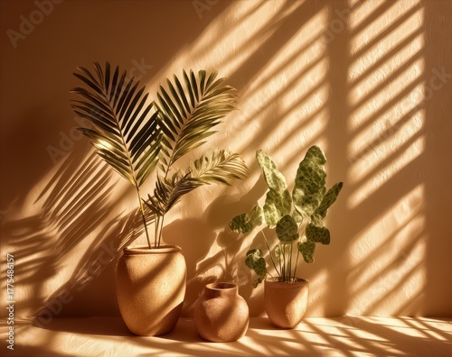 Three potted plants are sitting on a shelf, with one of them casting a shadow on the wall
