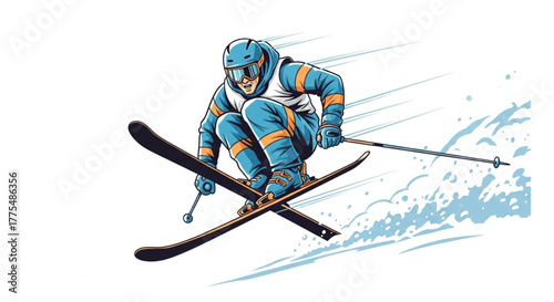 Professional Skier Performing Downhill Run – Winter Activity Design illustration