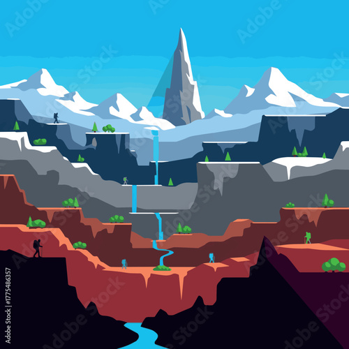Need Flat rock mountains relief. Snowy cliff, mountain and hill. Isolated rocky peak, cartoon canyon silhouette. Racy vector nature hiking elements.