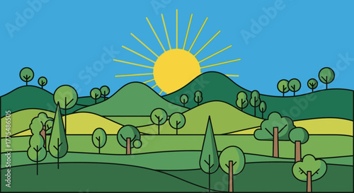 Illustration of a sunny landscape with rolling hills and trees.
