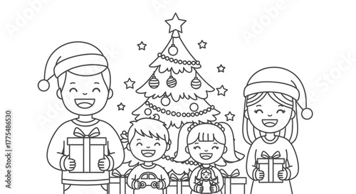 A family joyfully celebrates Christmas together, surrounded by gifts and a decorated tree.