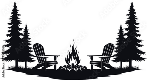 Silhouette of adirondack chairs and campfire in a pine forest setting