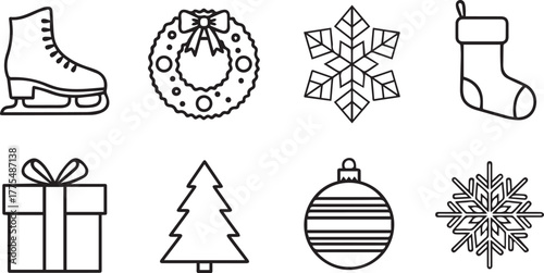 Collection of classic christmas icons and symbols in outline style