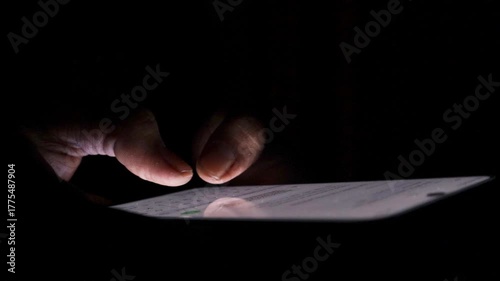 Night, cybersecurity and hands typing with phone for texting, internet troll or person cyberbullying. Dark comment, social media netizen or keyboard warrior for smartphone, online bullying or hacking