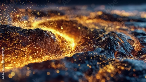 Rocky landscape with a bright orange glow. The scene is filled with sparkling gold dust, giving it a dreamy