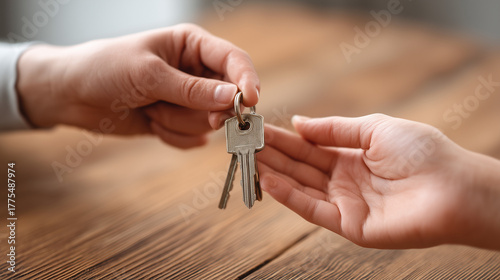 Hand handing over a set of keys to another hand on a wooden surface in a close up shot indoors