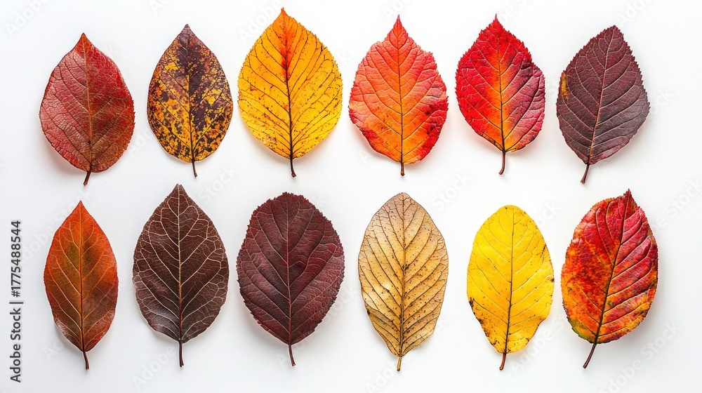 Fototapeta premium A collection of autumn leaves arranged in a grid on a white background.