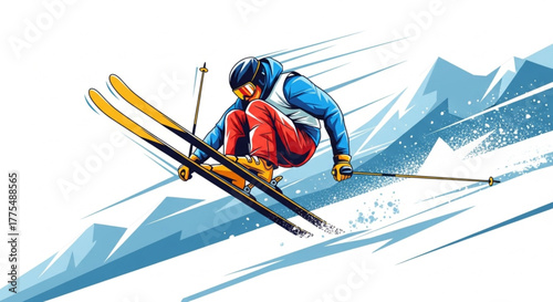 Extreme Skiing Action in Snow – Winter Adventure Concept illustration