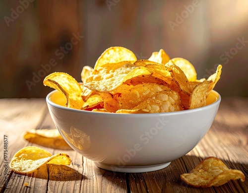 Crispy golden potato chips seasoned with salt and pepper piled high in a white bowl on a rustic wooden table with diffused natural light creating a warm inviting atmosphere