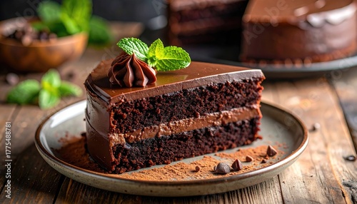Decadent Slice of Rich Chocolate Cake with Dark Frosting and Mint Garnish on a Rustic Wooden Table