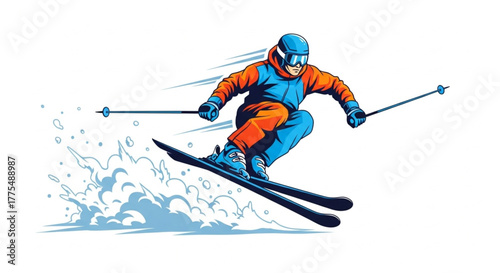 Skier Racing Down Snowy Mountain – Winter Sport Illustration