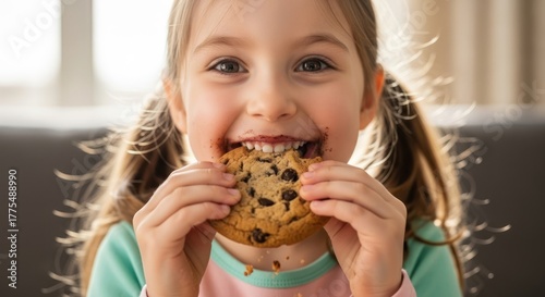 Joyful Girl Bites Into Chocolate Chip Cookie, Messy Face