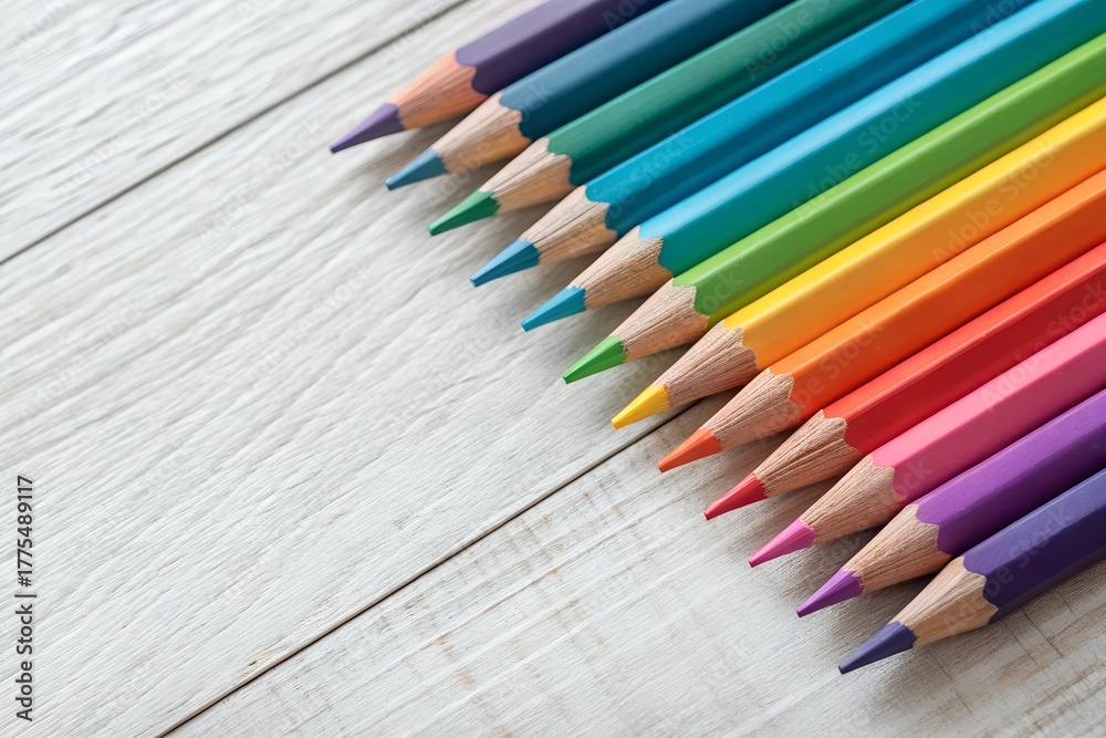 Obraz premium colored pencils arranged on a white background and wooden table