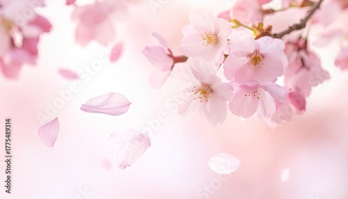 Delicate Pink Cherry Blossoms Gently Falling Petals in Soft Sunlight Bokeh Background