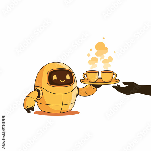 Yellow robot delivers two hot cups of coffee