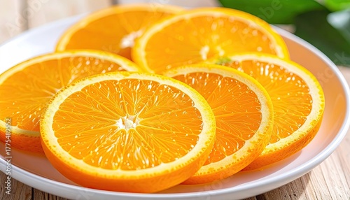 CloseUp of Ripe Orange Slices on a White Plate With Wooden Table Background and Green Leaf Accents Soft Natural Light