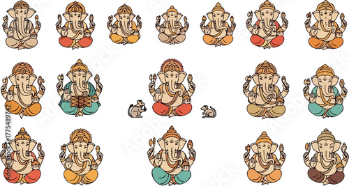 Collection of Hindu God Ganesha illustrations in various poses.