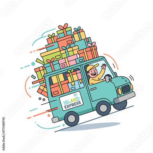 Fast Island Express Van Delivering Many Colorful Gifts