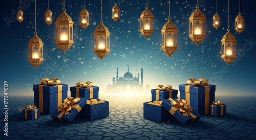 Islamic festival with lanterns, gifts, and mosque silhouette