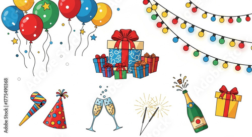 Party Frame with Balloons, Presents, and Confetti – Celebration Illustration