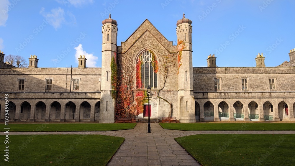 Fototapeta premium The University of Galway, quadrangle at sunset in Ireland, amazing architecture and landmark, medieval building 