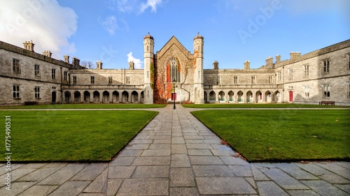 The University of Galway, quadrangle at sunset in Ireland, amazing architecture and landmark, medieval building	