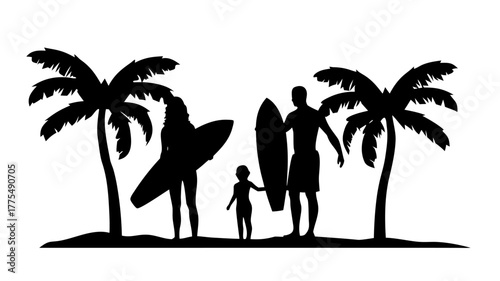 Family surfing vacation silhouette, capturing the essence of summer fun and tropical beach vibes, perfect for travel brochures and family adventure promotions
