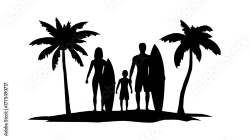 Family surf trip vacation vibes: Mom, dad, and child ready for surfing fun under the palm trees, enjoying beach lifestyle in tropical paradise