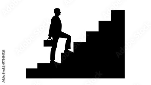Ambitious businessman climbs steps to success with briefcase, showing career advancement and determination in this minimalist silhouette illustration