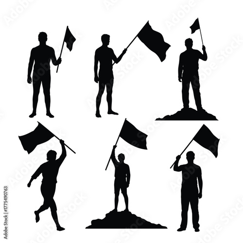 Silhouette Set of People Holding Flags showing Leadership, Victory, Patriotism, and Summit Achievement Vector
