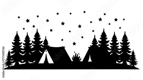 Silhouette of a campground with trees, stars and a fire, ideal for outdoor adventure designs and camping themed promotions with a rustic style