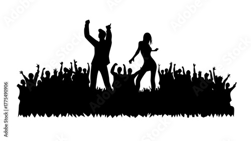 Energetic crowd silhouette cheering and dancing at concert, vibrant nightlife scene, perfect for event promotions, music posters, or youthful designs, vector graphics