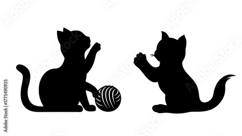 Two playful kitten silhouettes chasing yarn, a charming addition to any pet-themed project or design, ideal for crafting, apparel, and heartwarming visuals