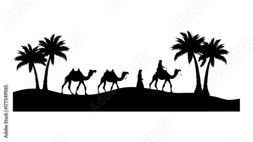 Evocative silhouette of desert caravan journeying beneath palm trees, conveying adventure and exotic travel perfect for branding and design projects