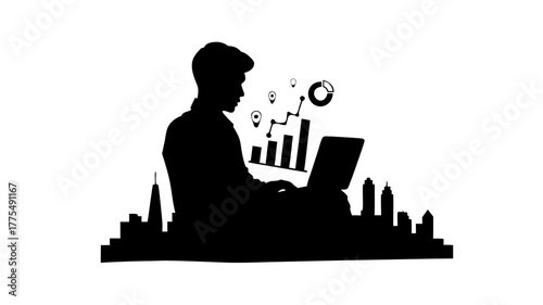 Professional silhouette of a business analyst working on laptop with data charts, graphs and map pins over city skyline, conveys modern business analytics