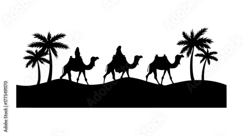 Three camels traverse the desert landscape beneath swaying palms, a timeless scene of travel and adventure against a horizon of mystery and wonder