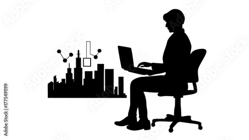 City data analysis presentation using laptop, perfect for business or tech projects needing a sleek, modern feel with a forward-thinking silhouette concept