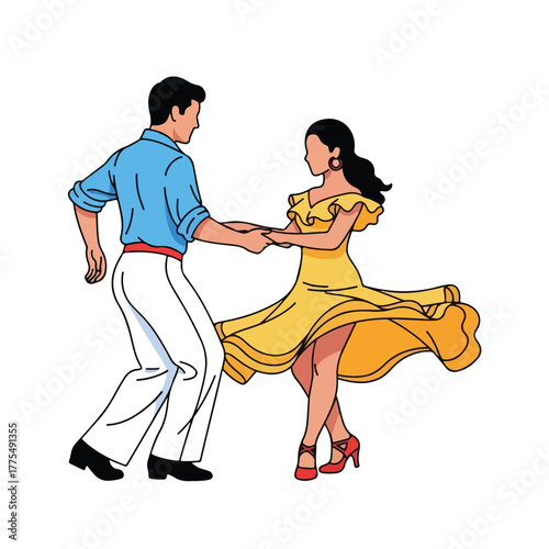 Couple dancing, a man and a woman dressed in vibrant clothing, enjoy a lively dance, embodying the joy of movement and connection through music and rhythm